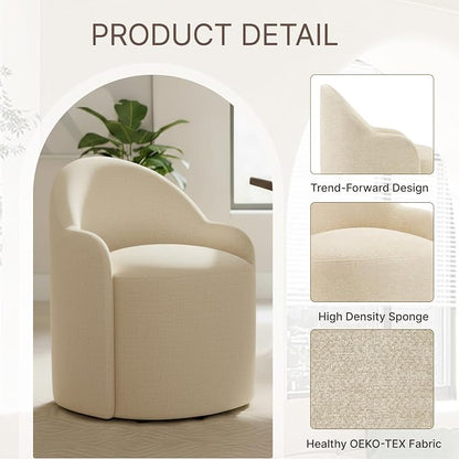 KISLOT Upholstered Dining Chairs with Casters, No Assembly Modern Dining Room Chairs Accent Vanity Chair with 5 Wheels & Round Backrest for Bedroom, Living Room, Dressing, Sand Fabric, Set of 1