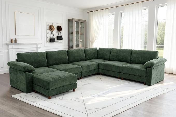 Oversized L Shaped Sectional Couch for Living Room, Extra Large Deep Seat Modular Sectional Sofa with Washable Covers, Modern Cloud Couch for Apartment, Bedroom (Green, Corner V Shape 7 Seat)