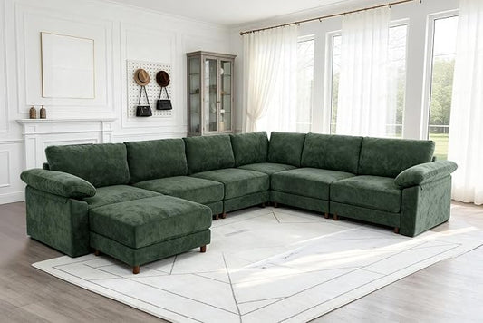 Oversized L Shaped Sectional Couch for Living Room, Extra Large Deep Seat Modular Sectional Sofa with Washable Covers, Modern Cloud Couch for Apartment, Bedroom (Green, Corner V Shape 7 Seat)