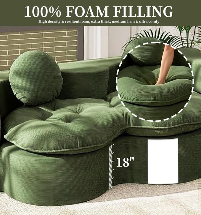 75” Full Size Convertible Sleeper Sofa Bed, Boneless Folding Futon Loveseat Sofa with 2 Pillows, High Density Foam Compressed Foldable Guest Couch for Living Room Apartment (Green Corduroy)