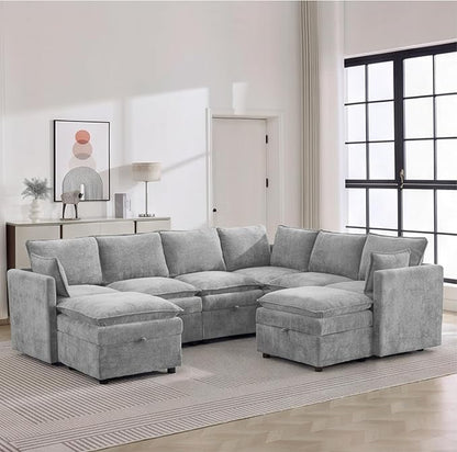 105" Light Grey Modular Storage Sofa, U Shaped Chenille Couch with Ottoman | Oversized Convertible Sectional Sofa, 6-Seat Sectional Couch With 2 Ottomans, Large Cloud Couch For Living Room, Apartment.