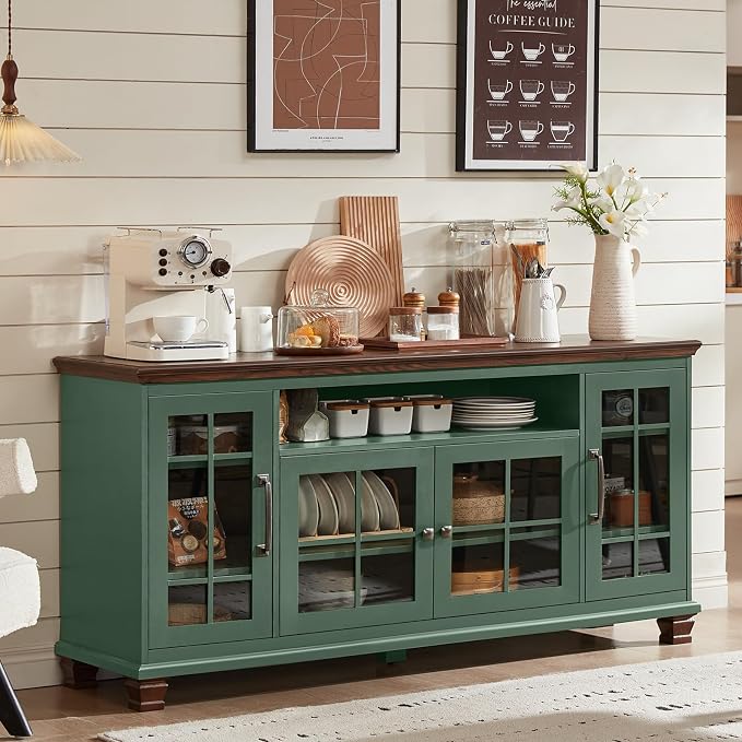SAVOR LIFE Large Sideboard Buffet Cabinet with Storage,Vintage Green 60" Wide Coffee Bar Cabinet with Glass Doors & Wood Legs,Kitchen Credenza Accent Cabinets for Dining Room, Living Room