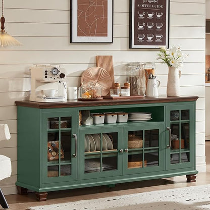 SAVOR LIFE Large Sideboard Buffet Cabinet with Storage,Vintage Green 60" Wide Coffee Bar Cabinet with Glass Doors & Wood Legs,Kitchen Credenza Accent Cabinets for Dining Room, Living Room