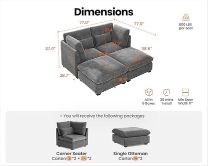 77" Oversized Chenille Couch Modular Sectional Sofa, Washable Cloud Couch Sectional with 2 Ottoman, 4 Seater Sectional Couches for Living Room, Fully Cover Removable, Chaise Lounge, Chenille, Grey