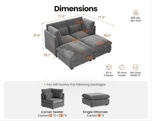 77" Oversized Chenille Couch Modular Sectional Sofa, Washable Cloud Couch Sectional with 2 Ottoman, 4 Seater Sectional Couches for Living Room, Fully Cover Removable, Chaise Lounge, Chenille, Grey