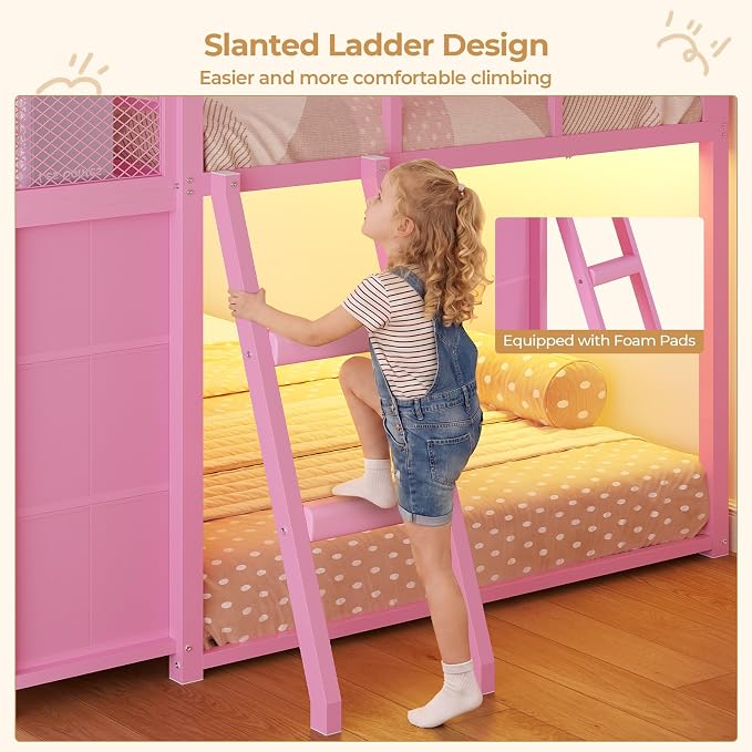 BTHFST Low Bunk Bed Twin Over Twin with 8 Fabric Drawers & Bookshelf, Twin Bunk Beds with RGB LED Lights, Windows, Metal Bunk Beds for Kids with Slanted Ladder & Safety Guardrails, Space Saving, Pink