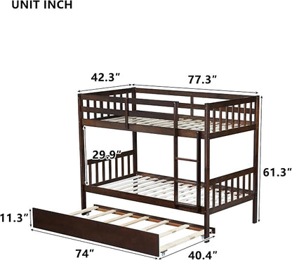 Merax Twin-Over-Twin Bunk Bed with Movable Trundle, Solid Wood Detachable Bunk Bed with Safety Guardrial and Ladder, Can be Converted Into 3 Separate Beds (Espresso)
