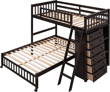 Ball & Cast Wooden Twin Over Full Bunk Bed with 6 Drawers & Flexible Shelves,Bottom Bedframe W/Wheel,Easy Assembly,Space Saving,Versatile Storage Furniture for Boy Girl Teen Compact Bedroom,Espresso