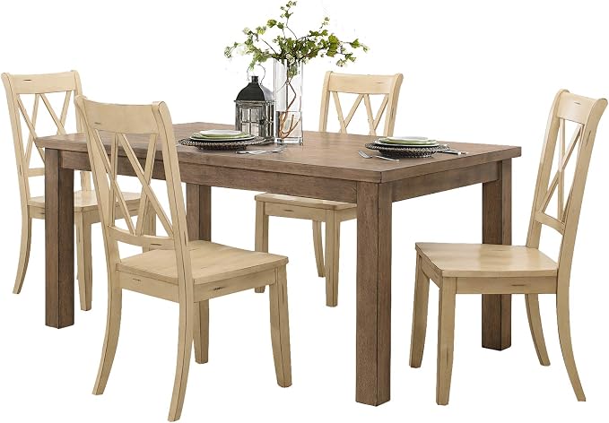 Lexicon Janina 5-Piece Dining Table Set - 66" Wood Kitchen & Dining Room Table with 4 Double X-Back Chairs, Rustic Farmhouse Rectangular Dining Set for Breakfast Nook & Family Meals, Buttermilk