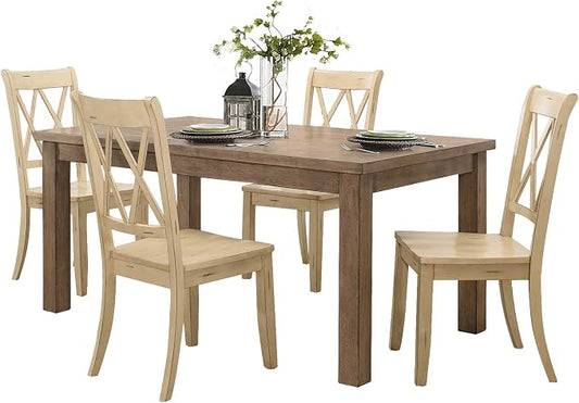 Lexicon Janina 5-Piece Dining Table Set - 66" Wood Kitchen & Dining Room Table with 4 Double X-Back Chairs, Rustic Farmhouse Rectangular Dining Set for Breakfast Nook & Family Meals, Buttermilk