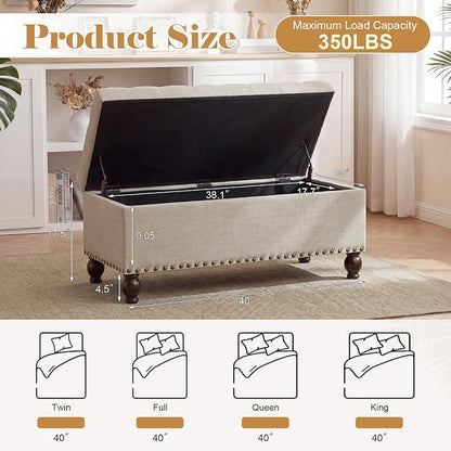 Asense 40" Storage Ottoman Bench, Faux Leather Tufted Upholstered End of Bed Bench with Safety Hinge for Bedroom,Entryway,Living Room,Light Gray