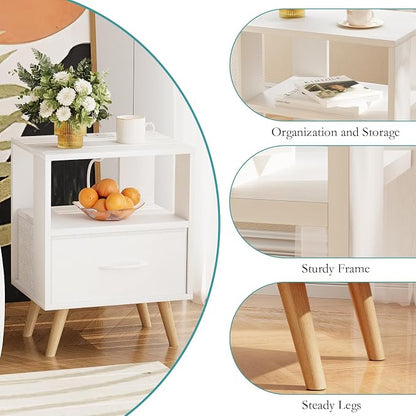Huhote Kids Nightstand, 2-Tier Night Stand with Charging Station and Drawer, Modern Side Table for Bedroom, Study Room, Small Spaces, White