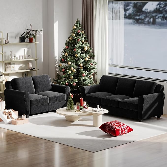 Bonzy Home 2 Piece Sofa Set, 2-Seater and 3-Seater Sofa Couch, Modern Comfy Sofa with Thicked Cushion for Living Room Apartment Office, Black