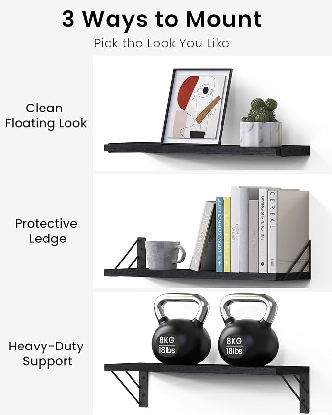 BAYKA Wall Mounted Floating Bathroom Shelves, Wood Wall Shelf for Bathroom Essentials & Decor, Space-Saving Display & Organizer (Black, Set of 4)