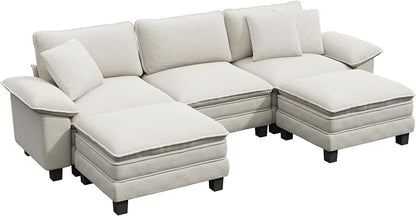 PHI VILLA Cloud Modular Couch Sets, 123.6" Oversized Sectional Sofa with U-Shaped Chaise, 5-Seater Couches with 2 Movable Ottomans for Living Room, Chenille Beige