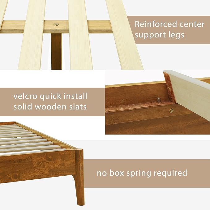Acacia Haven Queen Bed Frame and Headboard, Platform Bed Frame Scandinavian Wood Bed Compatible with All Mattress Types, Wood Slats Support 800lbs Capacity, Quick & Easy Assembly, Caramel.