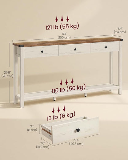VASAGLE LIRY Collection Narrow Console Table with 3 Drawers and Shelf, Sofa Table 9.4 x 63 x 29.9 Inch, Easy Assembly, Entryway, Living Room, Farmhouse Style, Honey Brown and Rustic White ULNT148W101