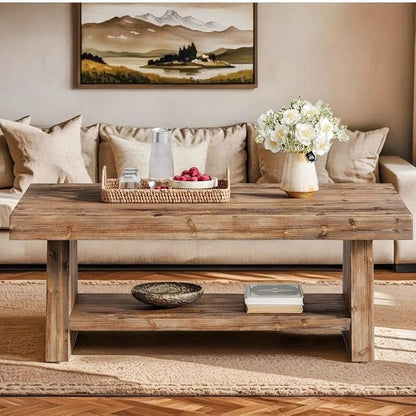 47" Solid Wood Coffee Table, 2-Tier Rectangular Farmhouse Center Table with Storage Shelf, Distressed Charred Wood Coffee Tables for Living Room, Rustic Vintage Carbonized