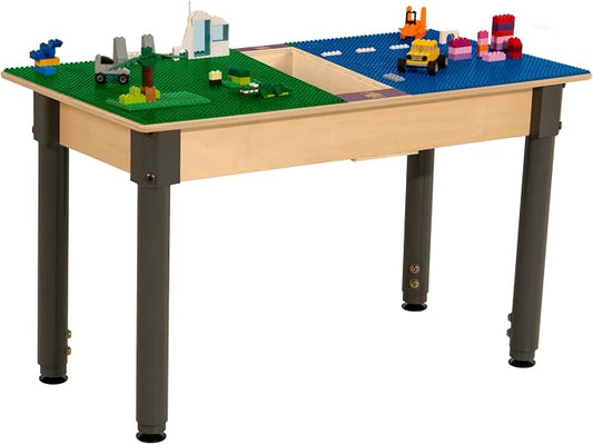 Wood Designs Time-2-Play Kids Birch Plywood Rectangular Lego Compatible Play Table, 30.75"x 15.5" with 18”-29” Adjustable Legs, Montessori Building Blocks Desk with Trough [Blue and Green]