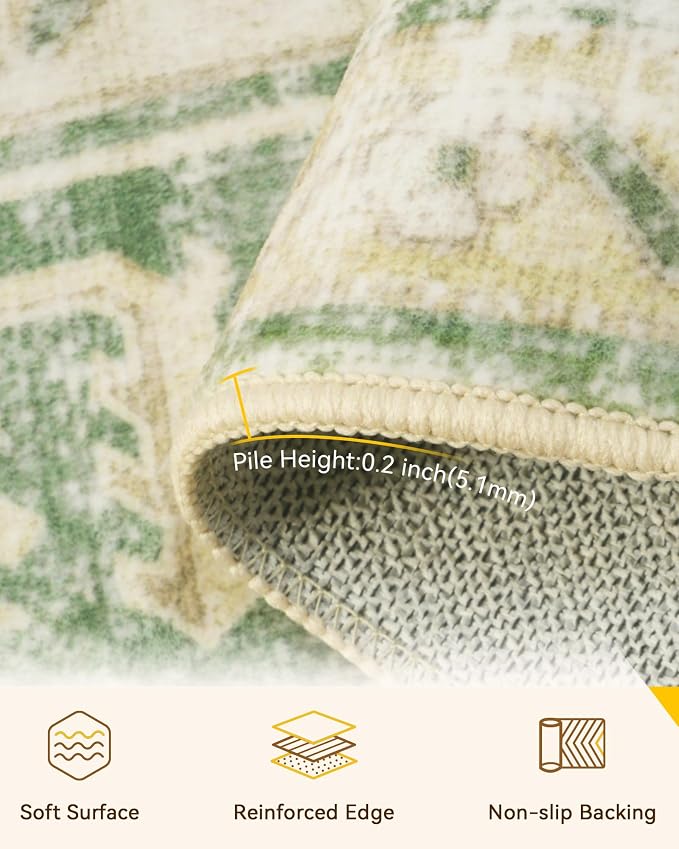 RELEANY Area Rugs 4'x6' Washable Non-Slip, Floral Vintage Distress Medallion Carpet for Living Room Bedroom Dining Room, Sage Green Yellow