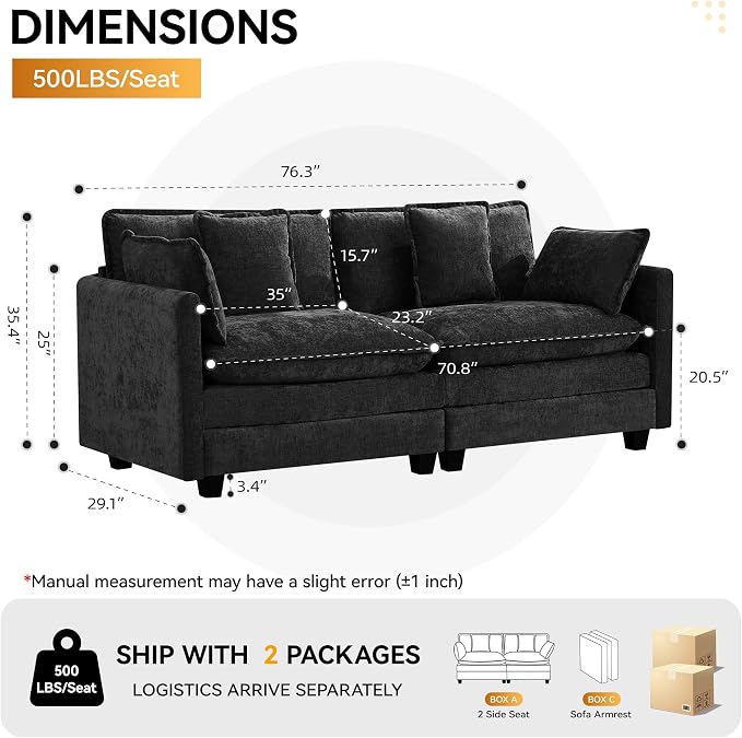 76'' Cloud Deep Seat Loveseat, Upholstered Chenille Modular 2-Seats Sectional Sofa Couch, Modern Comfy Settee Loveseat for Living Room Set, Small Apartment, Dark Grey