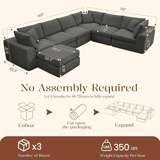 Benazcap Oversized Cloud Sectional Couches for Living Room, L-Shaped Convertible Sofa, 7-Seat Modular Boneless Couch with Movable Ottoman, Darkgrey