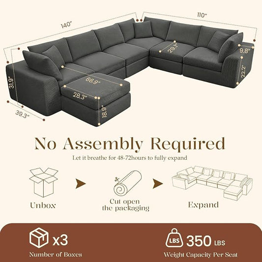 Benazcap Oversized Cloud Sectional Couches for Living Room, L-Shaped Convertible Sofa, 7-Seat Modular Boneless Couch with Movable Ottoman, Darkgrey