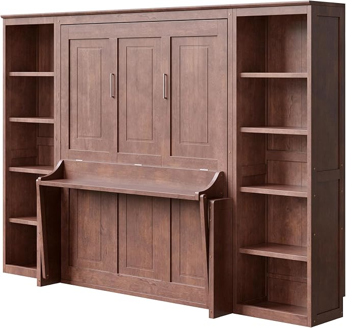 MERITLINE Full Murphy Bed with Desk and Storage Shelves, Solid Wood Vertical Murphy Wall Bed Cabinet with Storage Bookshelves Bookcase for Living Room, Guest Room (Full,Dark Brown)