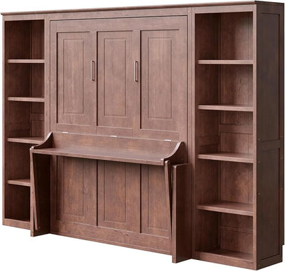 MERITLINE Full Murphy Bed with Desk and Storage Shelves, Solid Wood Vertical Murphy Wall Bed Cabinet with Storage Bookshelves Bookcase for Living Room, Guest Room (Full,Dark Brown)