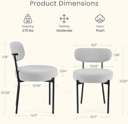 DUMOS Dining Chairs Set of 2, Mid Century Modern Chair Round Upholstered Curved Backrest, Kitchen Vanity Living Room Chairs with Black Metal Legs，Light Grey