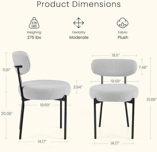 DUMOS Dining Chairs Set of 2, Mid Century Modern Chair Round Upholstered Curved Backrest, Kitchen Vanity Living Room Chairs with Black Metal Legs，Light Grey
