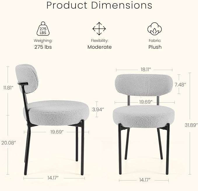 DUMOS Dining Chairs Set of 4, Mid Century Modern Chair Round Upholstered Curved Backrest, Kitchen Vanity Living Room Chairs with Black Metal Legs，Classic Grey