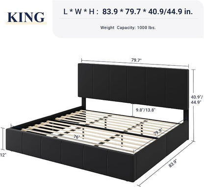 Allewie King Size Dutch Velvet Upholstered Platform Bed Frame/Vertical Channel Tufted Adjustable Headboard/Low Profile Bed Frame/No Box Spring Needed/Easy Assembly/Black