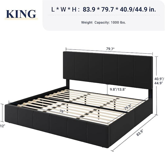 Allewie King Size Dutch Velvet Upholstered Platform Bed Frame/Vertical Channel Tufted Adjustable Headboard/Low Profile Bed Frame/No Box Spring Needed/Easy Assembly/Black