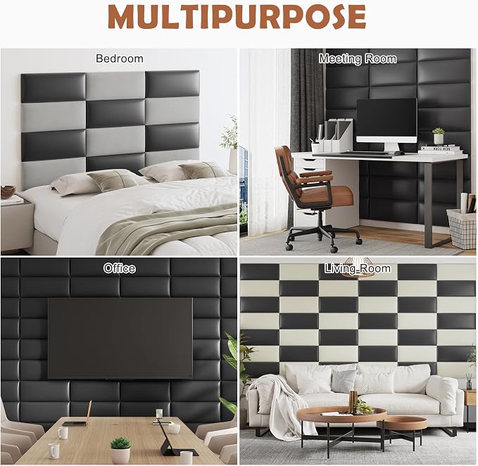 IFNOW Wall Mounted Upholstered Headboard King, 12 Panels 3D Peel and Stick Soundproof Wall Panels, Reusable and Removable Padded Headboard Leather Bed Headboard, 9.84" x 23.62", Black