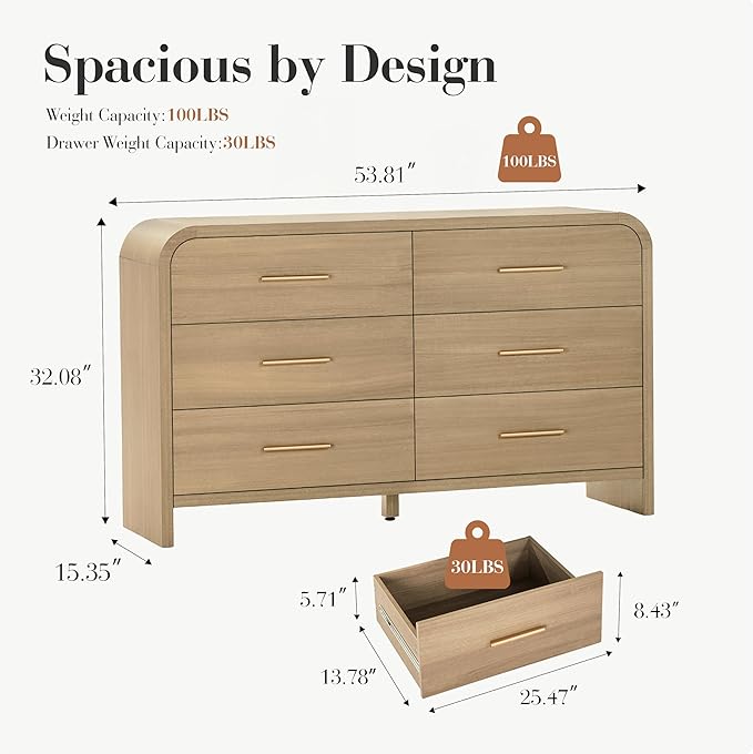 Curved 6-Drawer Dresser for Bedroom, 54" Wide Modern Chest of Drawers, Vanity Desk TV Stand for Living Room, Closet Storage Drawers Organizer Furniture, Nursery, Hallway, Grey Oak