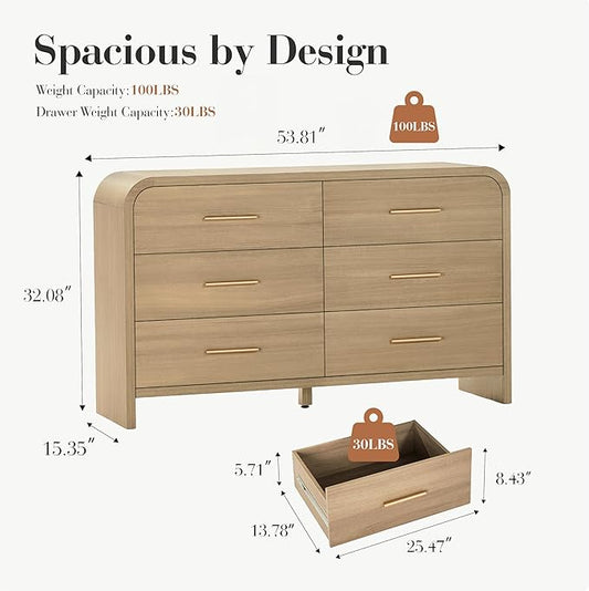 Curved 6-Drawer Dresser for Bedroom, 54" Wide Modern Chest of Drawers, Vanity Desk TV Stand for Living Room, Closet Storage Drawers Organizer Furniture, Nursery, Hallway, Grey Oak