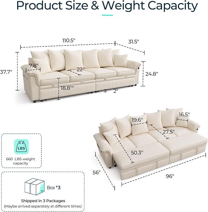 LINSY HOME Oversized Sectional Sleeper Sofa with Pull Out Couch Bed (Beige, 110.5'') | USB Charging
