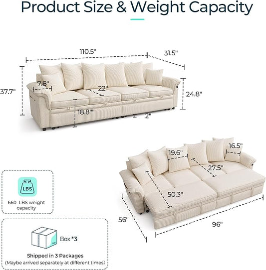 LINSY HOME Oversized Sectional Sleeper Sofa with Pull Out Couch Bed (Beige, 110.5'') | USB Charging