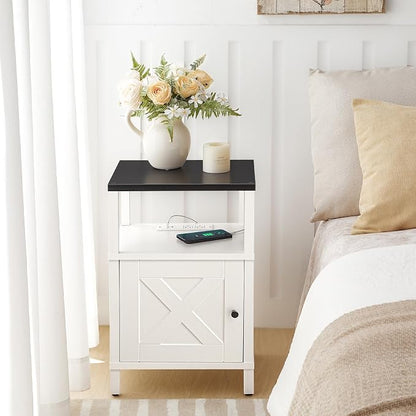 MAHANCRIS Set of 2 Farmhouse Nightstand with Charging Station, Barn Door End Table with USB Ports and Storage Cabinet, Bedside Table for Bedroom, Small Space, White and Black ETBW96E01S2