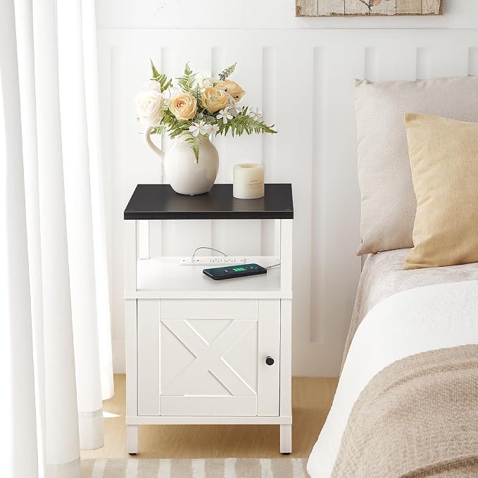 MAHANCRIS Farmhouse Nightstand with Charging Station, Barn Door End Table with USB Ports and Storage Cabinet, Bedside Table for Bedroom, Small Space, White and Black ETBW96E01