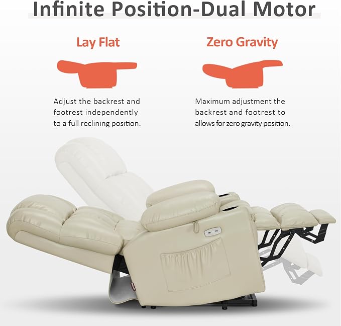 MCombo Large Dual Motor Power Lift Recliner Chair for Elderly, Zero Gravity Lift Chair with Heat and Massage, Infinite Position Lay Flat Recliner, USB Ports, Faux Leather 7896 (Cream White, Large)