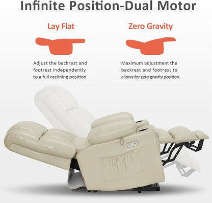 MCombo Large Dual Motor Power Lift Recliner Chair for Elderly, Zero Gravity Lift Chair with Heat and Massage, Infinite Position Lay Flat Recliner, USB Ports, Faux Leather 7896 (Cream White, Large)