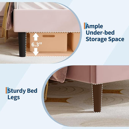 Garvee Twin Upholstered LED Bed Frame with Cute Cat Headboard, Velvet Princess Platform Bed Frame with Sturdy Wood Slats Support for Girls/Kids, No Box Spring Needed, Pink