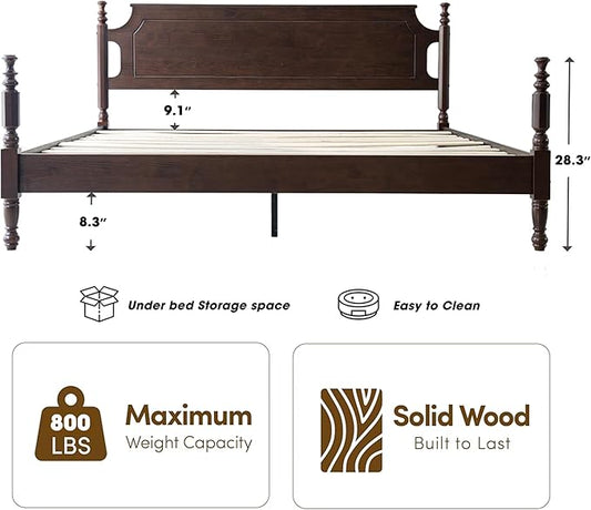 Solid Wood King Size Platform Bed Frame with Headboard & Footboard, 12 Strong Slats Base, Metal Legs, No Box Spring Needed, Easy Assembly, Anti-Noise & Slip-Free, Dark Roast Oak Finish, ROK-32