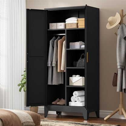 LCAOPC 71" Tall Metal Wardrobe Closet with Adjustable Shelves and Hanging Rod, 2 Doors Office Storage Locker Cabinet for Home, Office, Bedroom, Laundry Room, Black