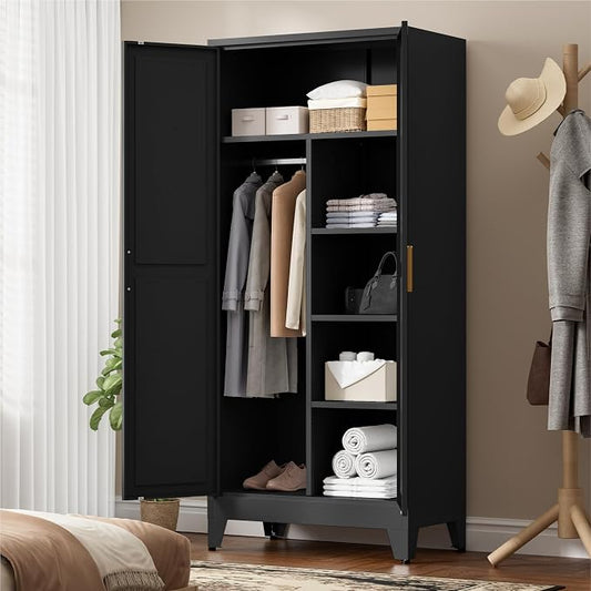 LCAOPC 71" Tall Metal Wardrobe Closet with Adjustable Shelves and Hanging Rod, 2 Doors Office Storage Locker Cabinet for Home, Office, Bedroom, Laundry Room, Black