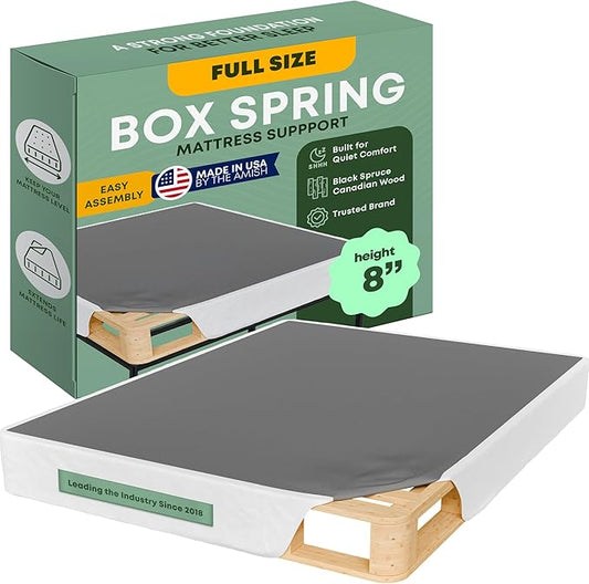 Greaton, 8” Full Size Box Spring Only for Full Size Bed – Amish-Made in the USA – Solid Wood Mattress Foundation with Stable & Quiet Support – Flat-Packed & Easy Assembly – White