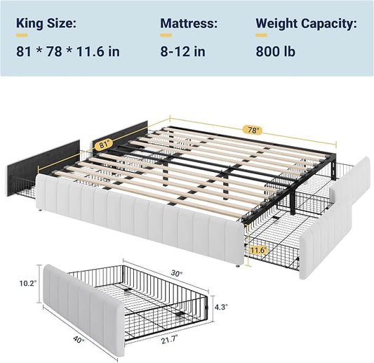 Allewie King Size Platform Bed Frame with 4 Large Storage Drawers, Velvet Vertical Channel Tufted Upholstered Bed Base, Wooden Slats Support, Noise-Free, No Box Spring Needed, Easy Assembly, White