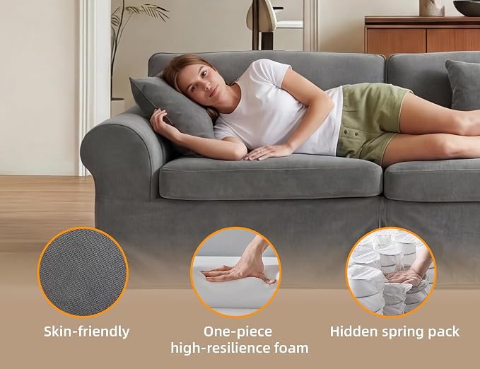 Mistpeople Modern Loveseat Sofa Couch, Upholstered Comfy Sofa with Pillows & Armrests, Deep Seating Couch with Removable Cover for Living Room Bedroom Apartment Office Small Spaces, Grey 3 Seats